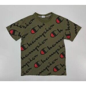 Champion Shirt‎ Youth Size Large Olive Green All Over Print T-Shirt 90s Retro